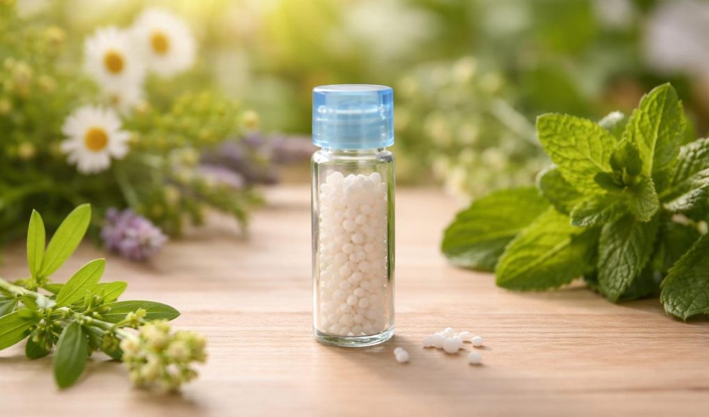 flacon-granules-homeopathiques-plantes-arriere-plan