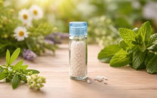 flacon-granules-homeopathiques-plantes-arriere-plan