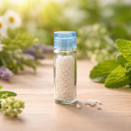 flacon-granules-homeopathiques-plantes-arriere-plan