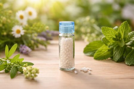 flacon-granules-homeopathiques-plantes-arriere-plan