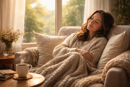 femme-fauteuil-coussins-tasse-the